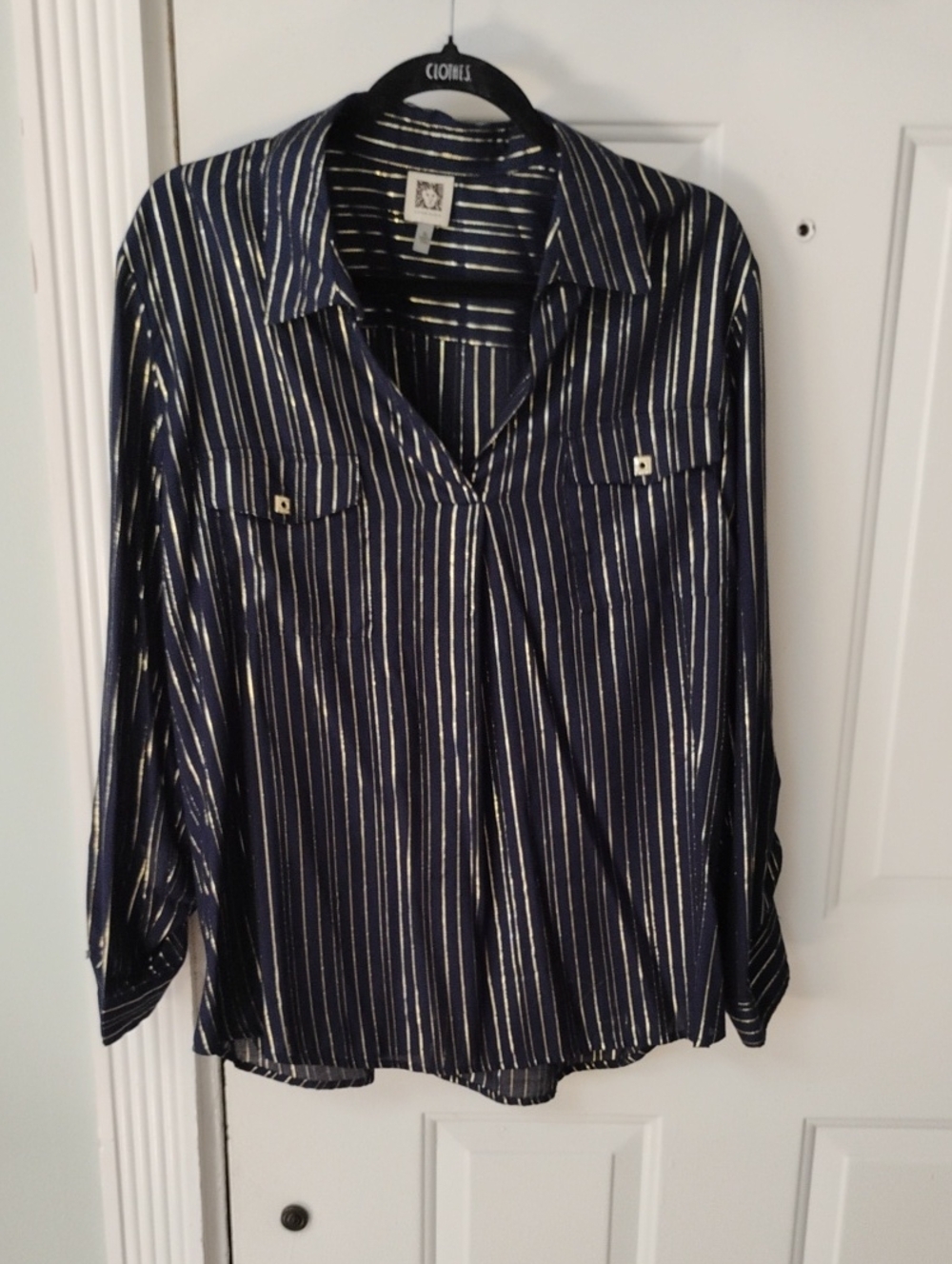 Anne Klein Navy Blue Metallic-Striped Button-Front Blouse